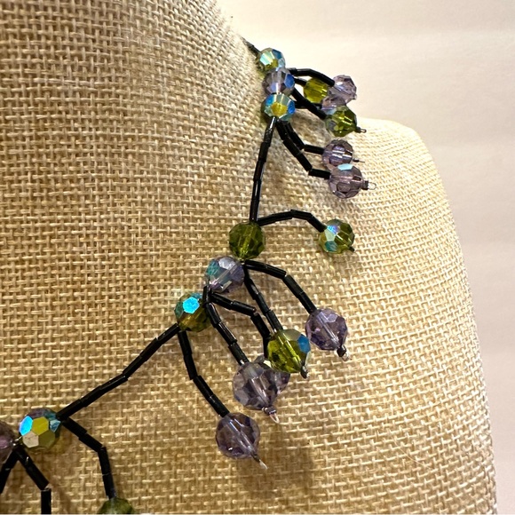 Glass Crystal bead necklace marked DOL, Black bead chain, green & blue crystals - Picture 6 of 14